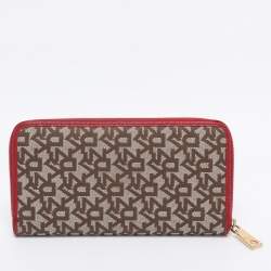 Pre Owned DKNY Beige/Red Canvas and Leather Zip Around Wallet