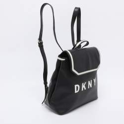 Pre Owned DKNY Black Leather Logo Print Jade Flap Backpack
