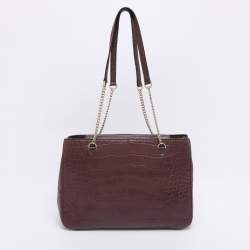 Pre Owned DKNY Burgundy Croc Embossed Leather Chain Tote
