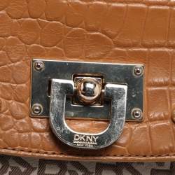 Pre Owned DKNY Beige/Tan Canvas and Croc Embossed Leather Top Handle Bag
