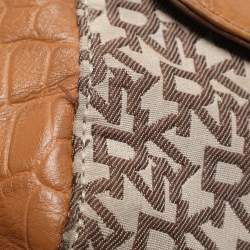 Pre Owned DKNY Beige/Tan Canvas and Croc Embossed Leather Top Handle Bag