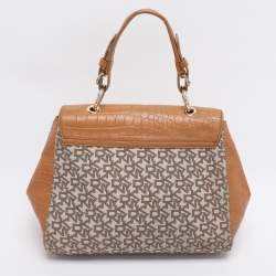 Pre Owned DKNY Beige/Tan Canvas and Croc Embossed Leather Top Handle Bag