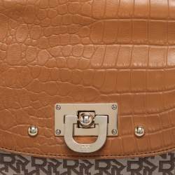 Pre Owned DKNY Beige/Tan Canvas and Croc Embossed Leather Top Handle Bag