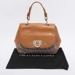 Pre Owned DKNY Beige/Tan Canvas and Croc Embossed Leather Top Handle Bag