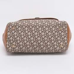 Pre Owned DKNY Beige/Tan Canvas and Croc Embossed Leather Top Handle Bag