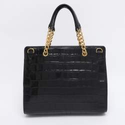 Pre Owned DKNY Black Croc Embossed Leather Cooper Satchel