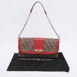Pre Owned DKNY Beige/Red Canvas and Leather Chain Shoulder Bag