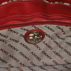 Pre Owned DKNY Beige/Red Canvas and Leather Chain Shoulder Bag