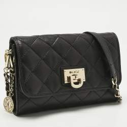 Pre Owned DKNY Black Quilted Leather Flap Chain Crossbody Bag