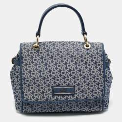 Pre Owned DKNY Blue Signature Canvas and Leather Trim Flap Top Handle Bag
