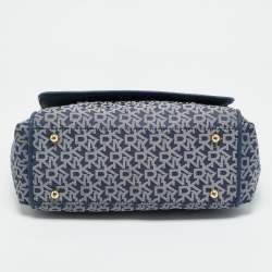 Pre Owned DKNY Blue Signature Canvas and Leather Trim Flap Top Handle Bag