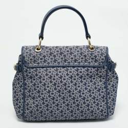 Pre Owned DKNY Blue Signature Canvas and Leather Trim Flap Top Handle Bag