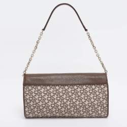 Pre Owned DKNY Brown/Beige Signature Canvas And Leather Chain Shoulder Bag