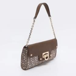 Pre Owned DKNY Brown/Beige Signature Canvas And Leather Chain Shoulder Bag