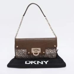 Pre Owned DKNY Brown/Beige Signature Canvas And Leather Chain Shoulder Bag
