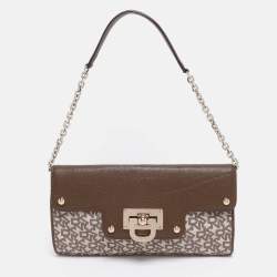 Pre Owned DKNY Brown/Beige Signature Canvas And Leather Chain Shoulder Bag