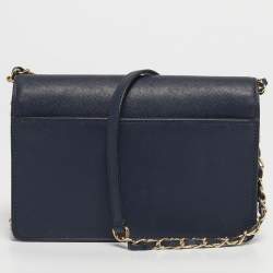 Pre Owned DKNY Navy Blue Leather Bryant Park Flap Crossbody Bag