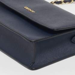 Pre Owned DKNY Navy Blue Leather Bryant Park Flap Crossbody Bag