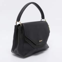 Pre Owned DKNY Black Leather and Croc Embossed Leather Top Handle Bag