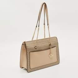 Pre Owned DKNY Beige Monogram Coated and Leather Large Bryant Chain Zip Tote