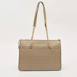 Pre Owned DKNY Beige Monogram Coated and Leather Large Bryant Chain Zip Tote