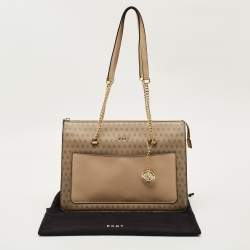 Pre Owned DKNY Beige Monogram Coated and Leather Large Bryant Chain Zip Tote