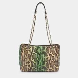 Pre Owned DKNY Green/Beige Python Embossed Leather Chain Tote