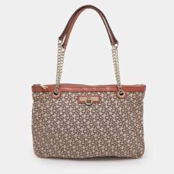 Pre Owned DKNY Brick Red/Beige Signature Coated Canvas And Leather Bryant Chain Shoulder Bag
