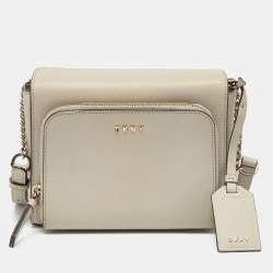 Pre Owned Dkny Light Grey Leather Bryant Park Pocket Crossbody Bag