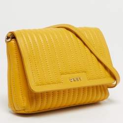 Pre Owned DKNY Yellow Pinstripe Quilted Leather Small Gansevoort Flap Shoulder Bag