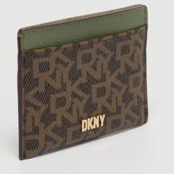 Pre Owned Dkny Brown/Green Monogram Coated Canvas and Leather Logo Card Holder