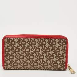 Pre Owned محفظة كونتيننتال دي كاي إن واي قماش بيج/أحمر بنمط مونوغرام بسحاب