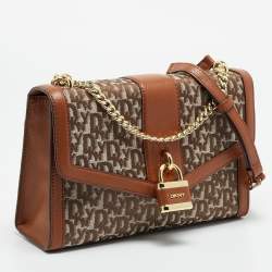 Pre Owned حقيبة كتف دي كي إن واي إيلا كبيرة قماش بنمط الشعار بني/بيج وجلد