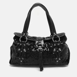 Pre Owned DKNY Black Patent Leather and Sequins Satchel