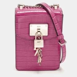 Pre Owned DKNY Elissa Fuchsia Croc Embossed PVC Crossbody Bag