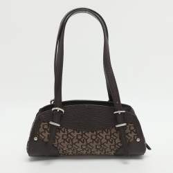 Pre Owned حقيبة ساتشل دي كي إن واي بنقش البني على القماش وجلد مطبوع بنقشة السحلية