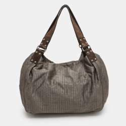 مملوكة مسبقًا DKNY Grey/Brown Logo Print Nylon and Leather Hobo