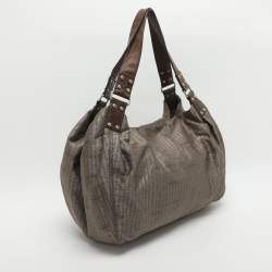 Pre Owned DKNY Grey/Brown Logo Print Nylon and Leather Hobo