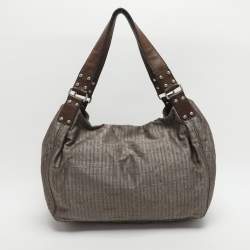 Pre Owned DKNY Grey/Brown Logo Print Nylon and Leather Hobo