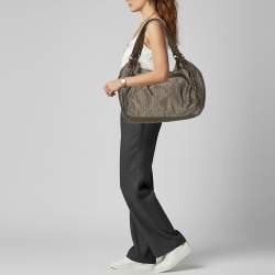 Pre Owned DKNY Grey/Brown Logo Print Nylon and Leather Hobo