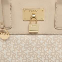Pre Owned Dkny Heritage Lock Light Beige Signature Canvas and Leather Tote