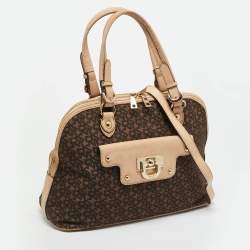 Pre Owned DKNY Brown/Blush Pink Jacquard Canvas and Leather Dome Satchel