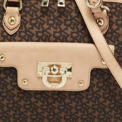 Pre Owned DKNY Brown/Blush Pink Jacquard Canvas and Leather Dome Satchel