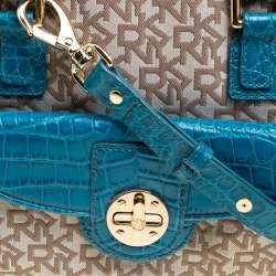 DKNY Beige/Blue Signature Canvas and Croc Embossed Leather Satchel