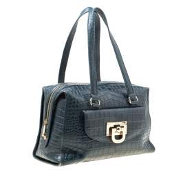 Pre Owned حقيبة دي كي أن واي بولر جلد نقش تمساح زرقاء