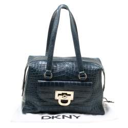 Pre Owned حقيبة دي كي أن واي بولر جلد نقش تمساح زرقاء