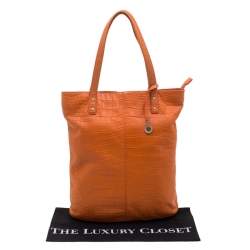 Pre Owned DKNY Orange Croc Embossed Leather Top Zip Tote