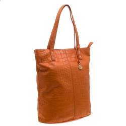 Pre Owned DKNY Orange Croc Embossed Leather Top Zip Tote