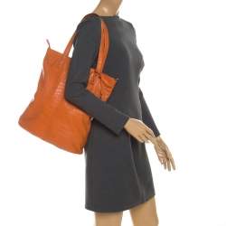 Pre Owned DKNY Orange Croc Embossed Leather Top Zip Tote