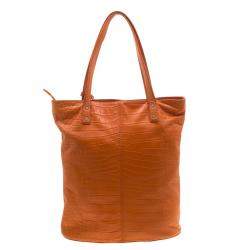 Pre Owned DKNY Orange Croc Embossed Leather Top Zip Tote